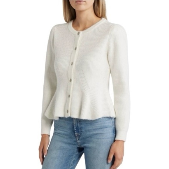 Sam Edelman Keegan Peplum Cardigan with Bedazzled button detail NWT XL Cream - Picture 1 of 15
